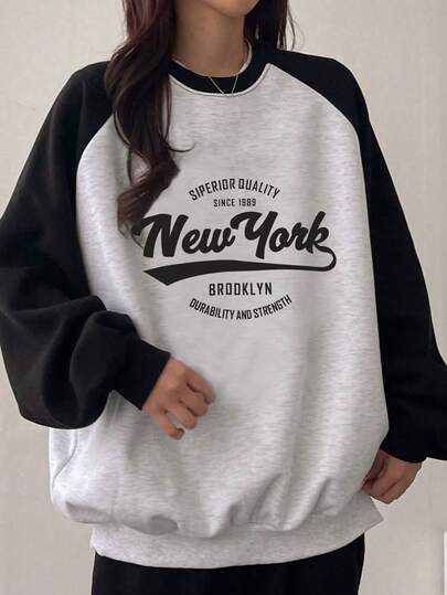 1件青少年女童圆领字母印花拼接撞色宽松卫衣，长袖套头衫，返校季，毕业季