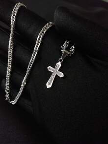 DOUBLE GROUMET CHAIN SET AND WHITE GOLD PLATED CROSS PENDANT - Bạc - Xem 1
