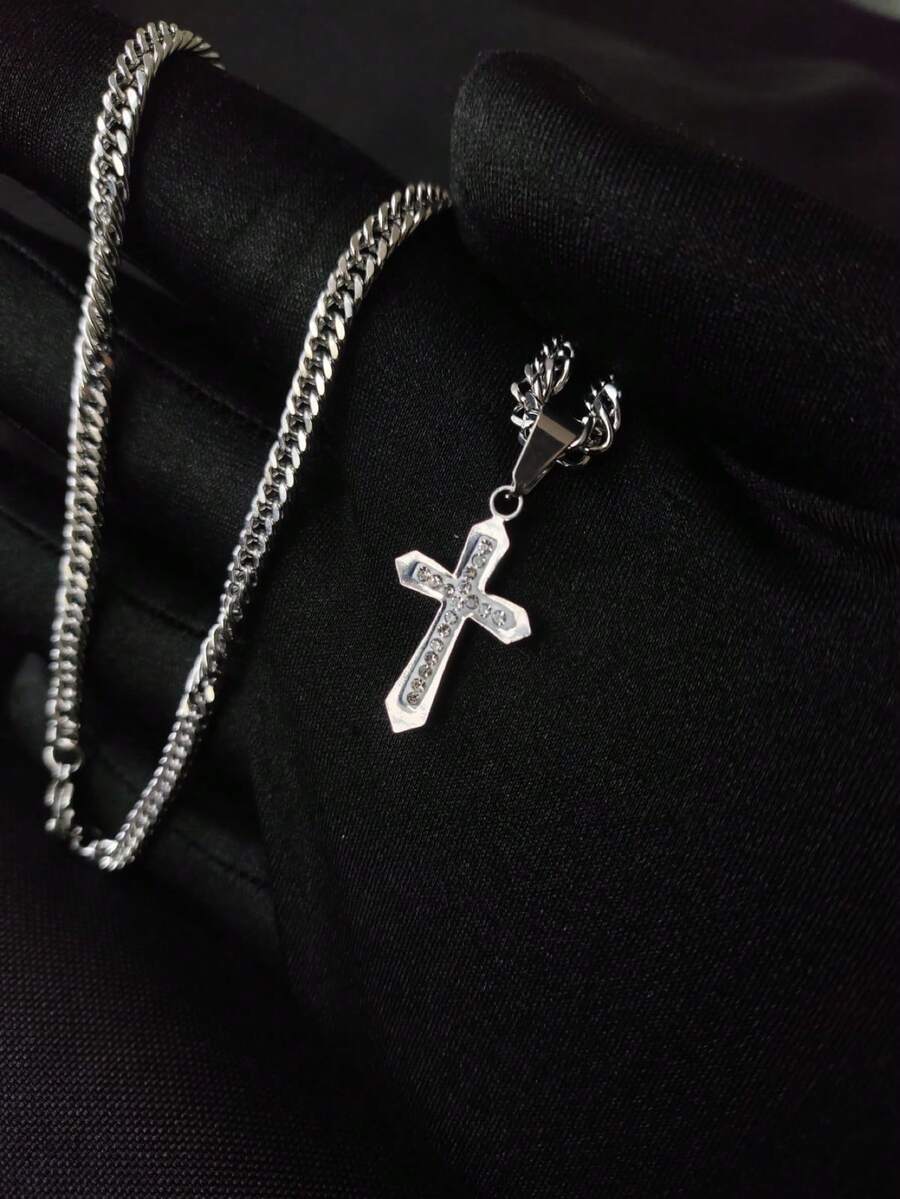 DOUBLE GROUMET CHAIN SET AND WHITE GOLD PLATED CROSS PENDANT - Bạc - Xem 1