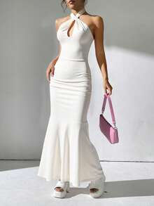 Solid Color Twist Halter Cut-Out Back Fitted Mermaid Dress, Elegant And Sexy - White - View 1