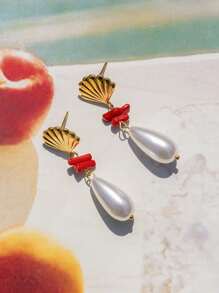 1 pieza Pendientes de acero inoxidable con diseño de concha dorada y estrella de mar para mujer, accesorio de vacaciones en la playa, accesorio femenino, adecuado para atuendos de verano que aumenten la dopamina