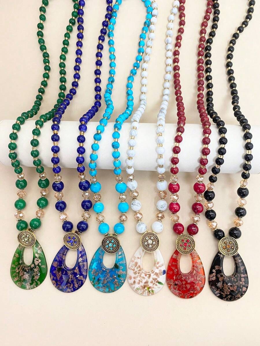 1pc Fashionable Boho Glass Water Drop Pendant Necklace,Vintage, Holiday Gift For Women