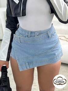 90s Rave Street Style Wrap Elastic Asymmetric A-Line Patch Pocket Back Fitted Denim Mini Skirt - Fermentation and Bleaching - View 3