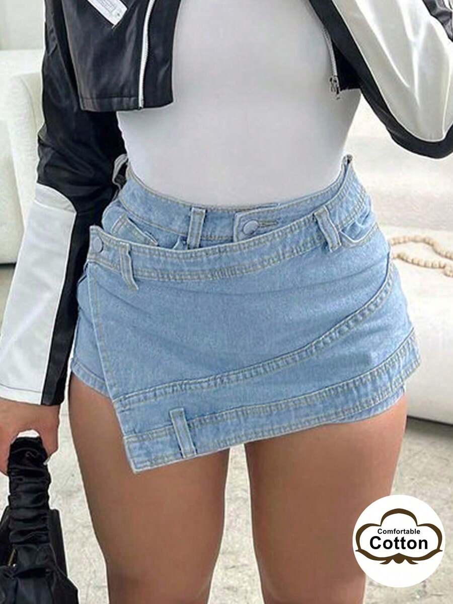 90年代锐舞街头风裹身弹力不对称A字型贴袋后背修身牛仔迷你裙 - 酵磨漂 - 查看 1