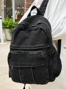 女士复古星形贴片装饰渐变牛仔布背包，Y2K 风格大容量户外旅行背包，轻便商务通勤工作笔记本电脑背包，适合高中生和大学生的校园返校书包 - 黑色 - 查看 6