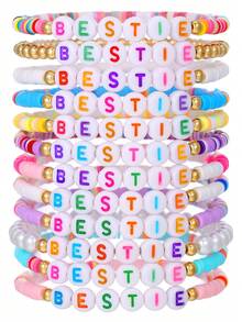 12pcs Colorful Letter Soft Clay Cute Girly Beaded Friendship Bracelet Set, Versatile, Random Colors, Suitable For Girls Daily Wear Or Gift To Best Friends - Multicolor - View 7