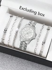 1pc Versatile Rhinestone Women's Watch, Fashionable Quartz Ladies Watch With 5pcs Simple Wheat Chain Bracelet Set - Black - View 1