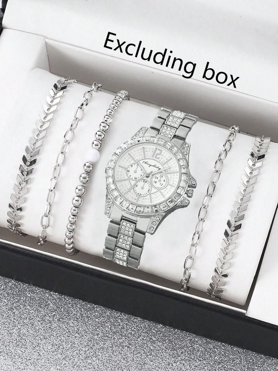 1pc Versatile Rhinestone Women's Watch, Fashionable Quartz Ladies Watch With 5pcs Simple Wheat Chain Bracelet Set - Black - View 1