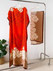 1pc Faux Silk Printed Robe, Shawl & Small Scarf Set, Women Coverup For Beach, Sun Protection, Daily Wear