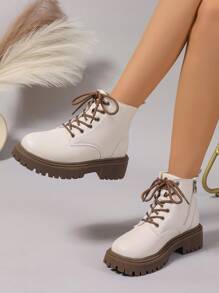 2025 Autumn/Winter New Women's Shoes, Warm Women's Boots, Fashion Versatile Casual Women's Shoes, Leather Ankle Boots, Flat Short Boots, Lace-Up Side Zipper Women's Boots, Classic Boots, Ladies' Shoes