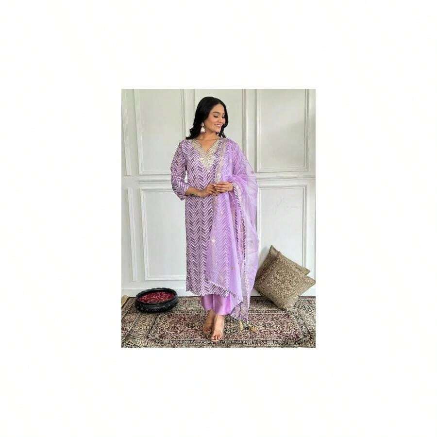 Lilac Chanderi Salwar Suit Organza Dupatta UK Next Day - Multicolor - View 1