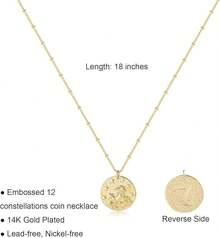 Zodiac Coin Embossed Choker Necklace Disc 12 Astrology Horoscope 14K Gold Plated Round Pendant Personalized Necklace Women Men - L 摩羯座(12月22日-1月19日) - 查看 11