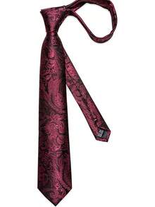 Silk Floral Necktie Set With Tie Clip, Handkerchief & Cufflinks - Red Black - View 7