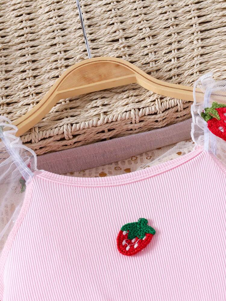 Vestido casual de moda para niñas jóvenes con mangas abullonadas de malla y estampado lindo de fresa, para primavera/verano - Rosa - Añade 4