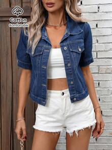 Women's Single-Breasted Short Sleeve Vintage Fitted Denim Jacket - Dark Wash - View 2