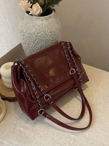 春季新款链条肩带托特包百搭大容量单肩斜挎包翻盖腋下法棍包女通勤包 - 酒紅色 - 查看 6