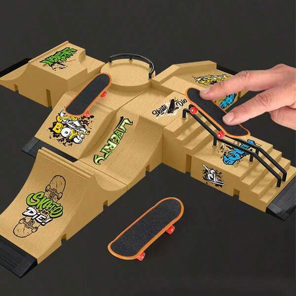 Rampe de fingerboard, rampe de half-pipe, mini fingerboard, outil d'entraînement de fingerboard, jeu interactif de skateboard freestyle, motif de skateboard et accessoires de roue de couleur aléatoire, cadeau d'anniversaire, cadeau de Noël, cadeau d'Halloween