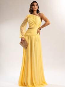 Long Dress For Bridesmaids Wedding Graduation One Elegant Sleeve - Kuning - View 1