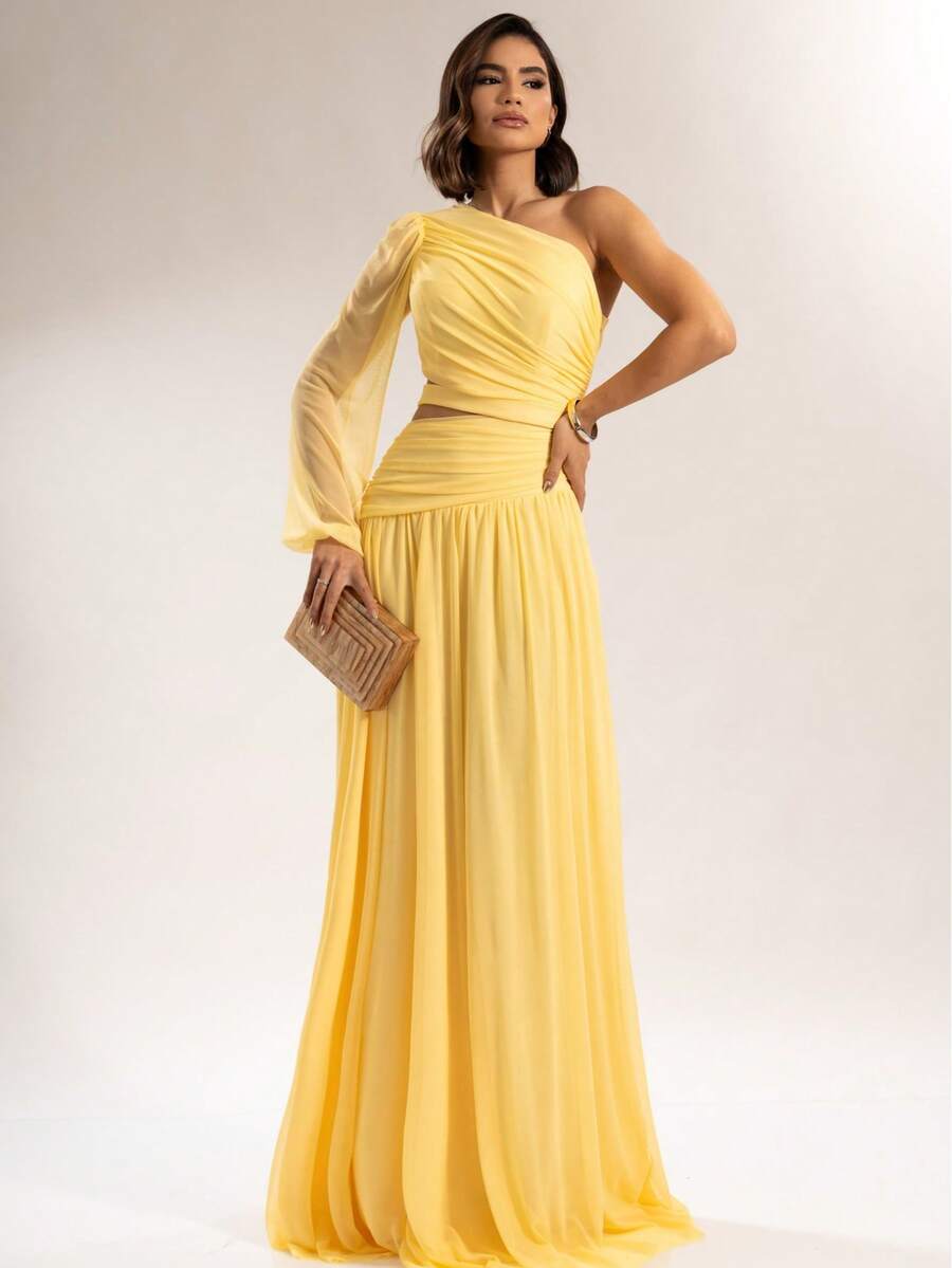 Long Dress For Bridesmaids Wedding Graduation One Elegant Sleeve - Kuning - View 1