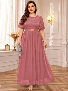 MIUSOL Plus Sequin Floral Lace Butterfly Sleeve Chiffon Pleated Hem Evening Party Long Dress - Bụi hồng - Xem 4