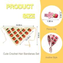 2 Pcs Crochet Bandana Headband Scarf Hair Bandanas Women Girls, Knitted Hair Scarf Strawberry Kerchief Cute Stylish Vintage Hair Decoration With 2 Hair Clips (Pink+Beige) - 粉紅色+米色 - 查看 4