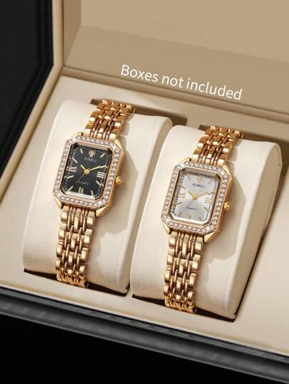 2pcs/Set Women's Fashion Casual Square Rhinestone Decorated Roman Numeral Dial Elegant Quartz Wrist Watch, Steel Band (Watch Box Not Included)