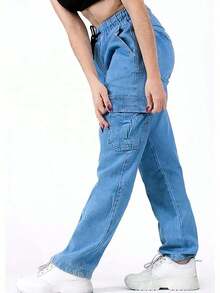 Women's Cargo Pants, Street Style, Versatile And Comfortable - 中等水洗藍 - 查看 1