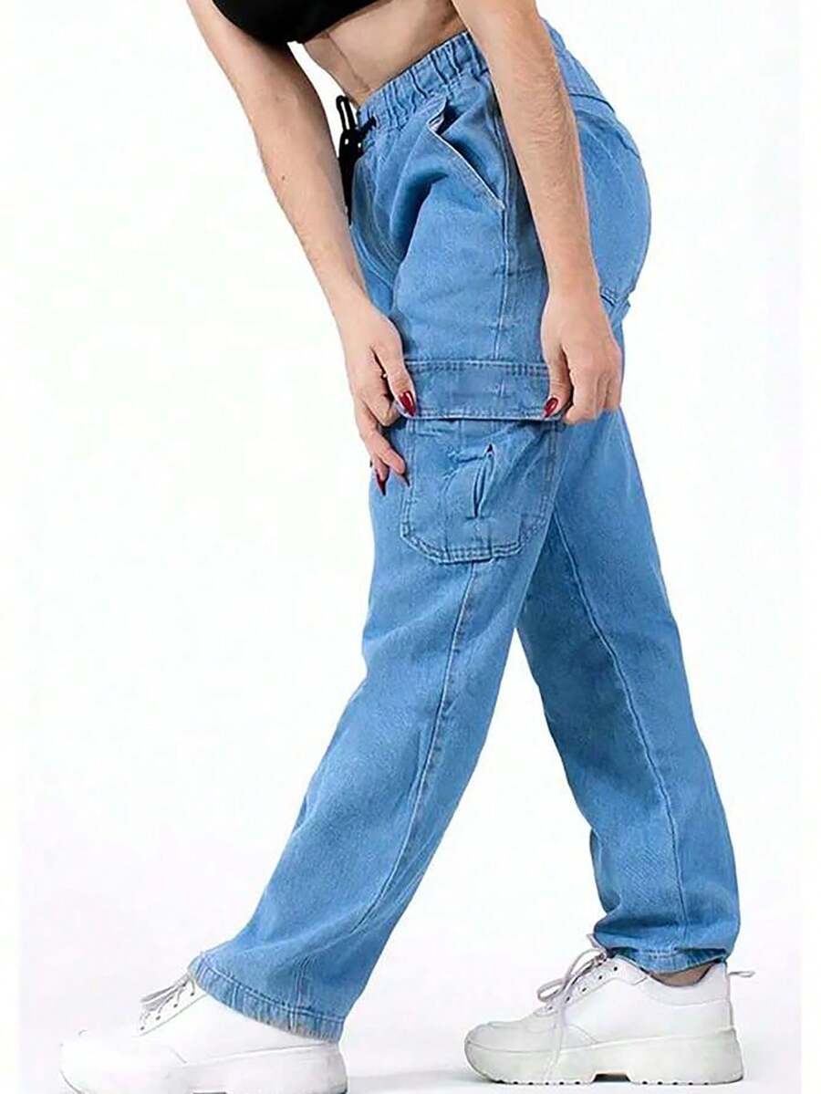 Women's Cargo Pants, Street Style, Versatile And Comfortable - Medium Wash - View 1
