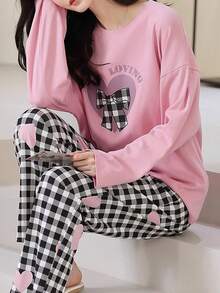 AICJ 两件套女士休闲格纹蝴蝶结爱心印花长袖上衣和长裤家居服套装，适合春、夏、秋、冬穿着，舒适保暖。 - 粉色 - 查看 4