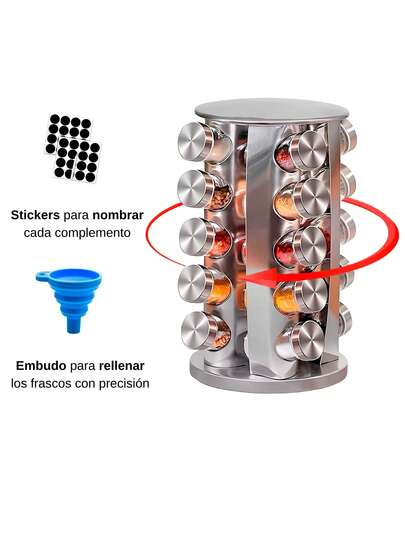 Especiero giratorio para cocina modernos de vidrio giratorio con 20 frascos, organizador de acero inoxidable con embudo y etiquetas, diseño elegante 360° ideal para especias, hierbas y condimentos