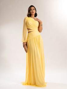 Long Dress For Bridesmaids Wedding Graduation One Elegant Sleeve - Kuning - View 2