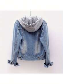 Women's Casual Denim Jacket, Long-Sleeved Hooded Denim Short Jacket, The Hood Can Be Removed, Suitable For Spring And Autumn And Any Occasion. - 藍色 - 查看 2