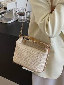 Mini Simple Handbag With Lock Detail, Woven Grass Braided Tote Bag, Versatile Contrast Color Small Handbag For Women, Shoulder Messenger Bag For Beach Or Daily Use