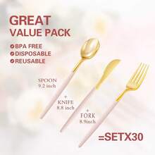 ‌90-Piece Gold-Plated Plastic Cutlery Set – Elegant Pink-Handled Partyware For Events & Gatherings - Pink Gold - View 2