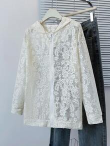 法式蕾丝拉链连帽薄款开衫，休闲轻薄长袖外套，适合春夏季 - 杏色 - 查看 9