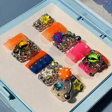 10pcs Punk Nails Chic Short Duckbill Press On Nails Set - Handcrafted With Shiny Rhinestones, Eye Charms, Glitter, And Colorful Accents, Features Red Blue And French Tip Style, Perfect For Parties & Casual Attire, Suitable For Wedding Parties And Daily Wear, Includes Tool Kit For Easy Application. - 彩色 - 查看 4