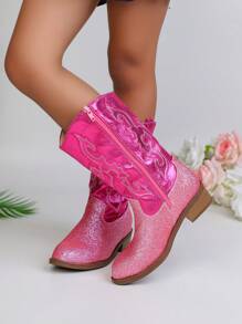 Autumn/Winter New Children's Boots, Embroidered Fashion Western Cowboy Boots, Pointed Toe Chunky Heel Lightweight Stylish Ankle Boots, Suitable For Older Kids Girls Outdoor, Party, Play