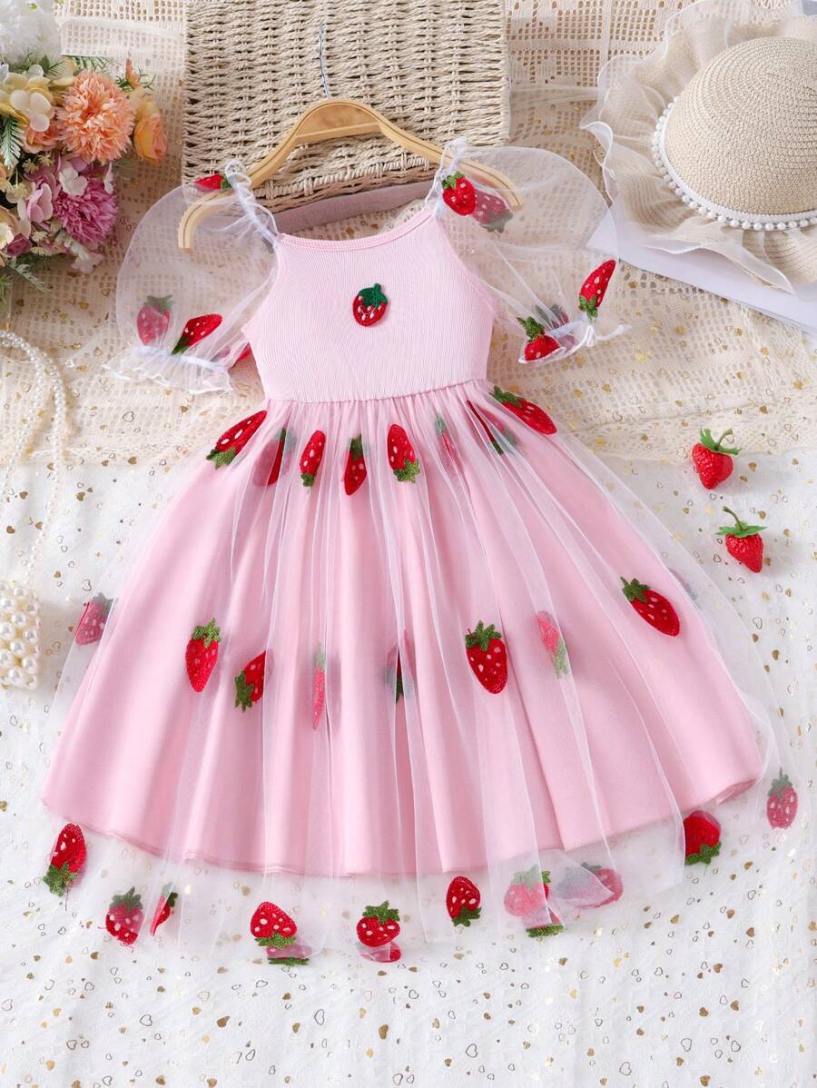 Young Girls' Casual Fashion Mesh Puff Sleeve Cute Strawberry Print Dress, Spring/Summer