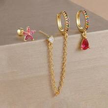 3 件套双孔链 18K 镀金耳环套装，女士适用，花朵方晶锆石、铜和不锈钢耳钉，软骨穿孔珠宝 - 3pcs Earrings set - 查看 2