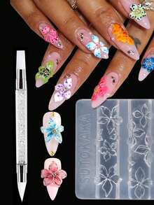 2件套3D立体花卉美甲模具，硅胶材质，带雕刻笔、透明美甲模板、莲花和樱花图案模具，树脂环氧树脂专业用品 - 彩色 - 查看 8