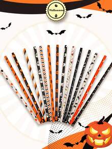 25 unidades Pajitas de Halloween, pajitas de papel desechables creativas para jugo y cócteles con diseños de calabaza, calavera, rayas, ondas y puntos, adecuadas para fiestas, eventos, manualidades, Halloween, cumpleaños y otras ocasiones, decoraciones prácticas, decoración de Halloween con fantasma y calabaza, decoraciones para fiestas - Multicolor - Ver 5