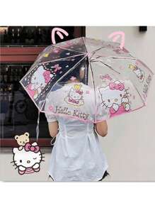 Sanrio مظلة صغيرة قابلة للطي تلقائيًا من سانريو ب- 8 عيدان من الحديد ، بتصميم كرتوني عصري ، غطاء من البلاستيك و مقبض ، مظلة شفافة قابلة للطي مزخرفة بطباعات الشخصيات الكرتونية ، مناسبة للصيف والشاطئ والسفر