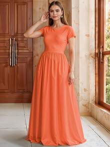 Vestido Largo de Cuello Redondo, Entallado de Manga Corta y Silueta Evasé Elegante para Mujer - Naranja - Ver 3