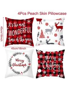 4 件套圣诞装饰枕套，红黑格子圣诞树驯鹿图案靠垫套，圣诞快乐派对装饰，圣诞客厅卧室装饰枕套，圣诞床椅沙发装饰沙发套，圣诞家居装饰，房间装饰，2026 新年装饰，圣诞装饰，圣诞礼物 - 紅色聖誕主題 - 查看 4