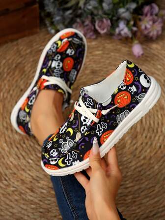 Round Toe Contrast Color Slip-On Halloween Ghost Pumpkin Bat Funny Element Fashion Versatile Lightweight Party Women Cartoon Canvas Shoes