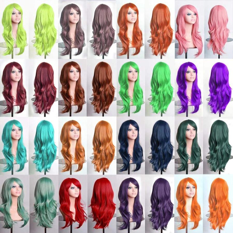 Soowee, pelucas sintéticas de 70cm de largo, peluca de Cosplay rosa y púrpura, pelo ondulado para disfraz de Halloween, postizos falsos para mujer XDMM - Morado - Ver 1