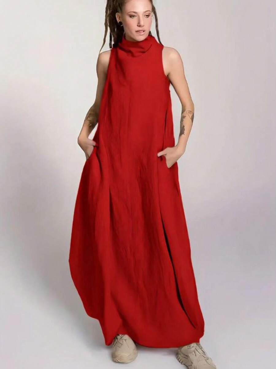 Women's Solid Color Casual Sleeveless Long Dress With Pockets - Red - View 1