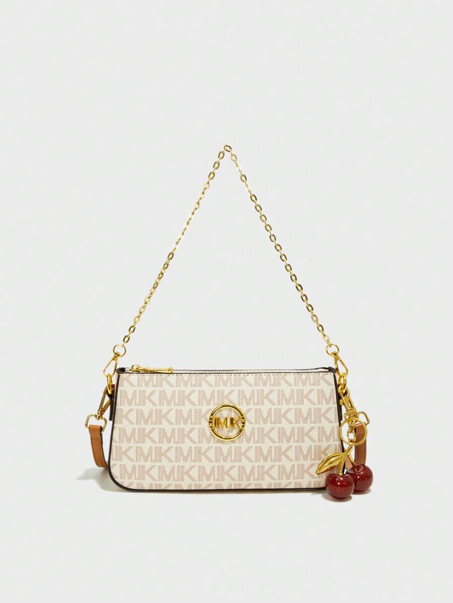 Nuova borsa a baguette classica in PU impermeabile con stampa a lettere, decorata con pendente a forma di ciliegia e motivo a lettere in metallo, con tracolla regolabile, borsa a spalla casual da donna, portafoglio, borsa da lavoro alla moda, adatta per lo shopping, gli spostamenti, le vacanze e i viaggi.