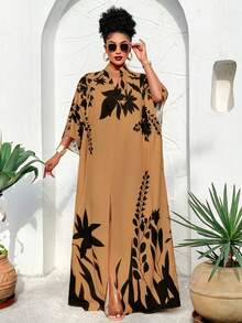 BIUBIU This Plus Size Women's Spring/Summer Off-Shoulder Loose Front Slit Maxi Dress With Sunshine/Plant Element Print Is An Important Fashion Item For Spring Vacation. - Black Flower - View 5