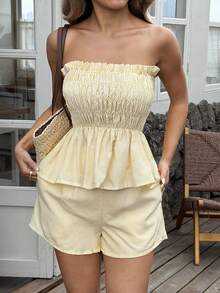 Vaiaye 女士夏季夏威夷波西米亚风海滩度假两件套 - 条纹荷叶边休闲抹胸上衣和短裤，非常适合约会、下午茶、假期、音乐节和情人节。 - 黃色 - 查看 2